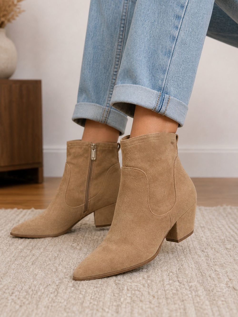 Sam Edelman Tan Suede Pointed-Toe Ankle Booties with Side Zip